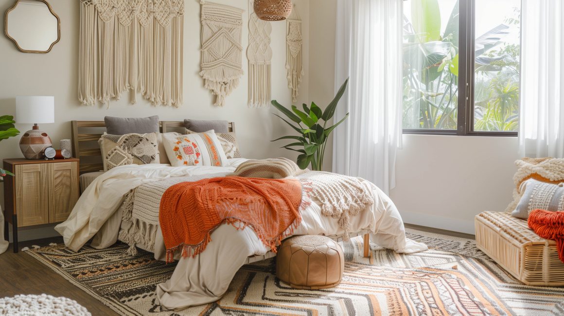 Chambre bohème lumineuse avec décoration macramé, textiles en beige et orange et meubles en bois.