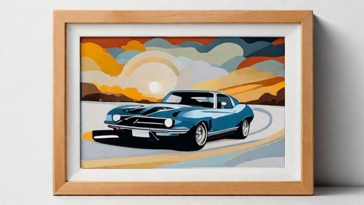Tableau d'une voiture classique bleue avec coucher de soleil et route sinueuse