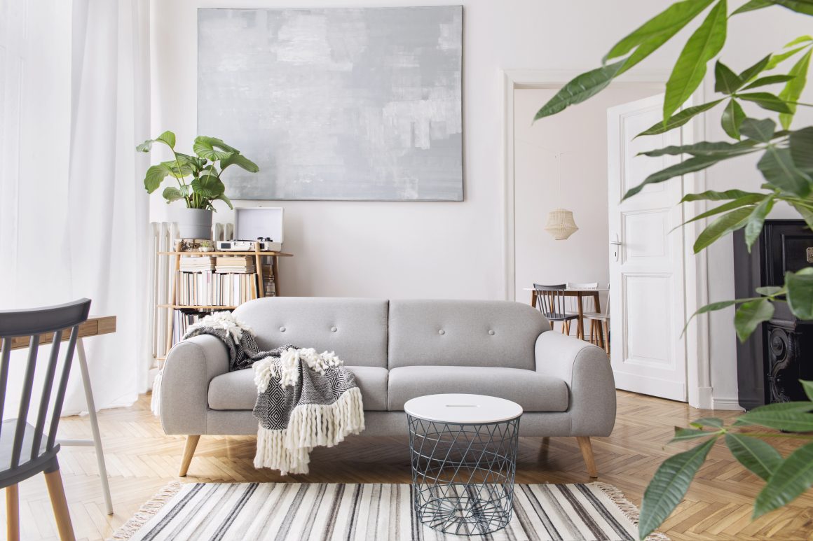 Salon moderne avec canapé gris clair, plantes vertes, tapis rayé et mobilier en bois.
