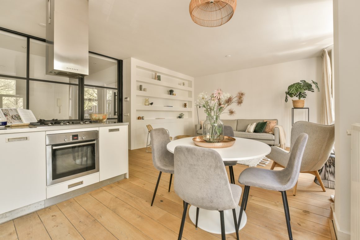Cuisine et salon modernes avec mobilier gris, étagères blanches, plantes vertes et déco minimaliste