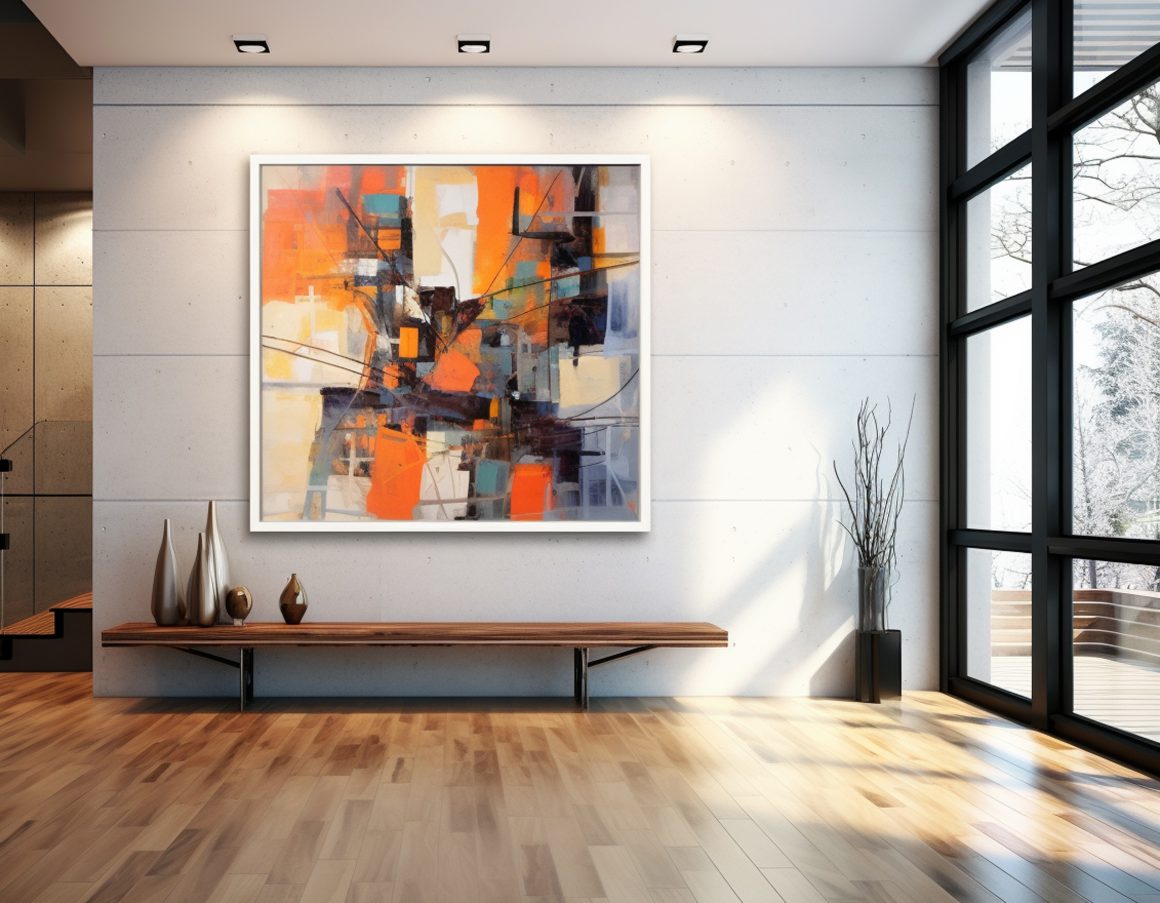 Tableau installé sur un mur blanc, en parfaite harmonie et équilibre.