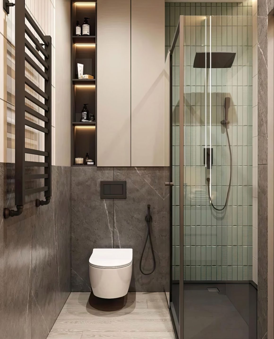 Petite salle de bains moderne : toilettes suspendues, douche vitrée et rangements intégrés
