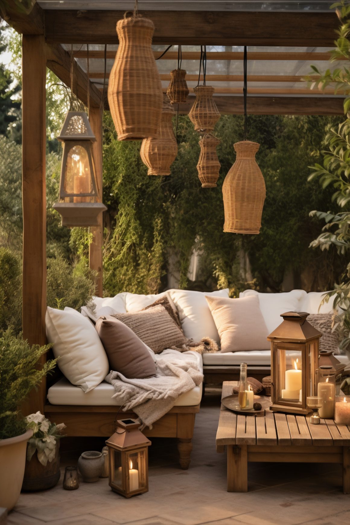 Salon extérieur au style bohème avec suspensions en rotin, lanternes, coussins, plaids et meubles en bois