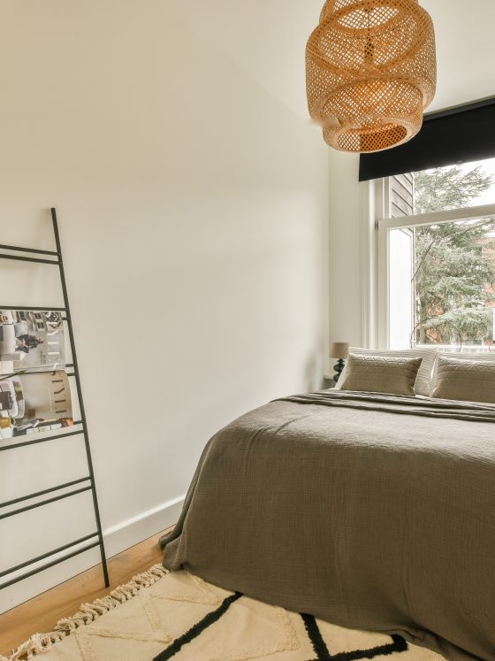 Aménagement petite chambre 9m2 minimaliste avec lit double, plante, tapis et luminaire en osier