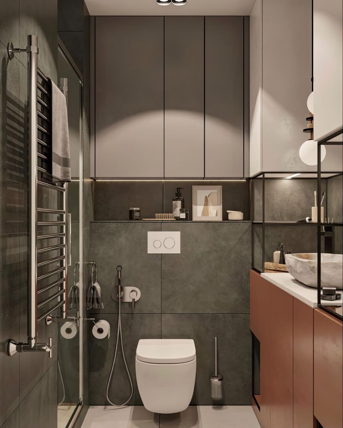 Salle de bain 4m2 avec WC, vasque en pierre, meuble en bois, douche et éclairage doux