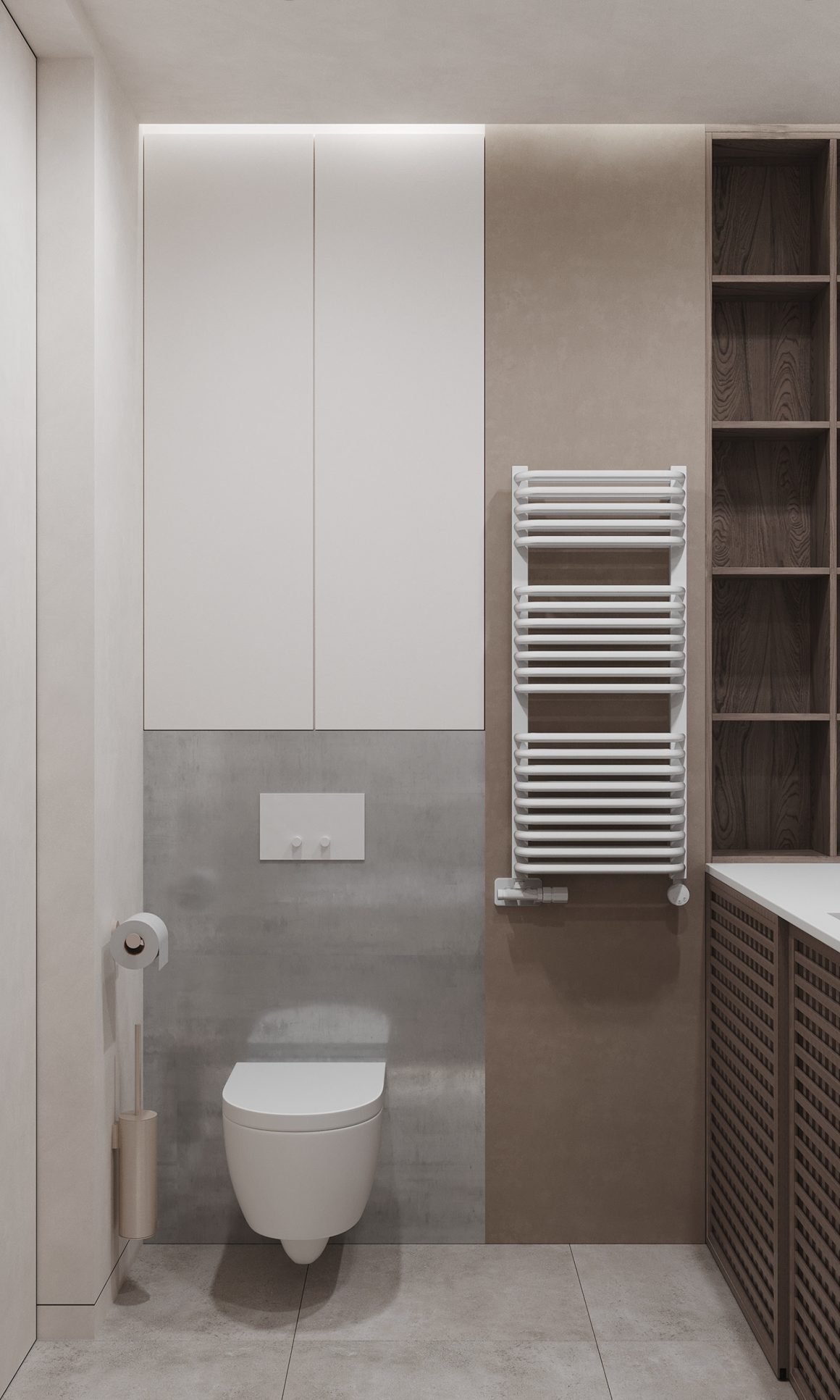 Salle de bains minimaliste avec toilettes suspendues, radiateur et étagères murales