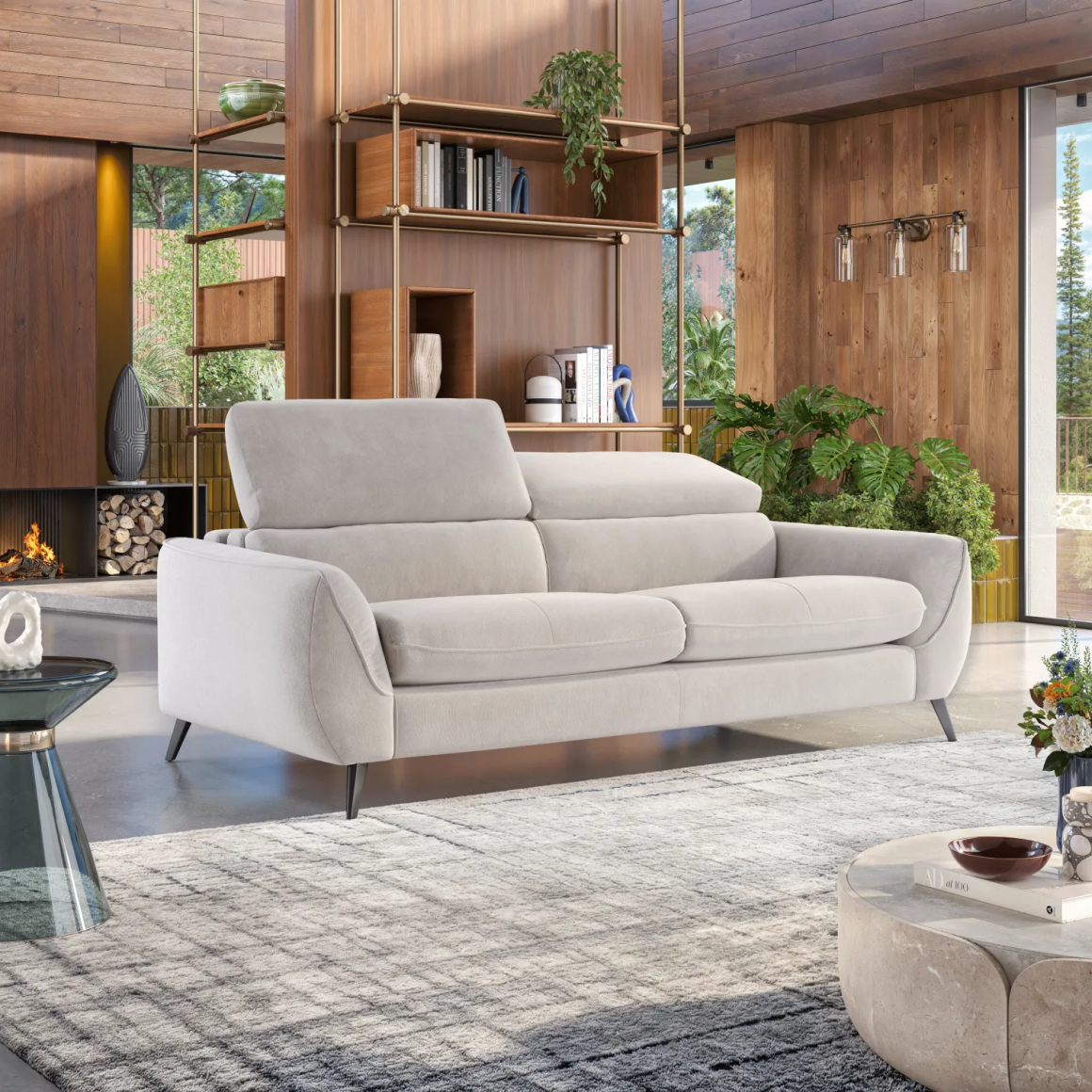 Canapé convertible dans un salon lumineux avec bibliothèque en bois, plantes, cheminée, table basse et tapis.