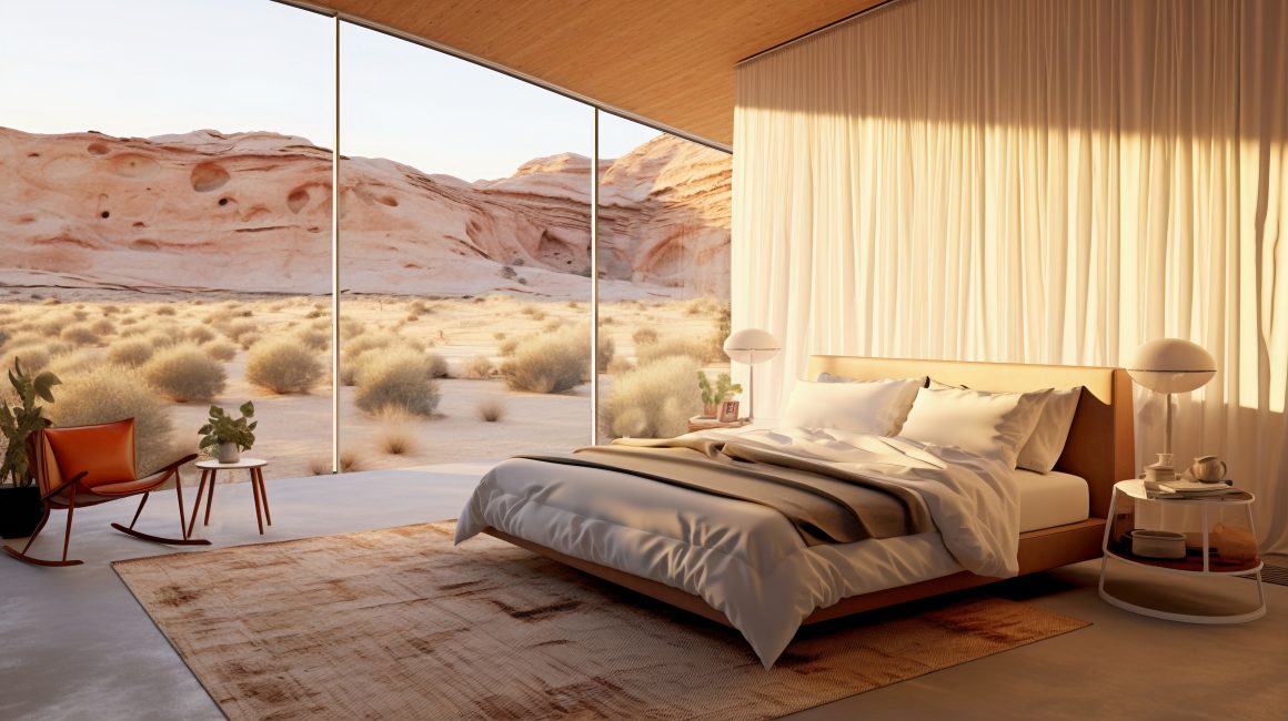 Chambre avec papier peint paysage désert rocheux, un lit bas et un mobilier épuré