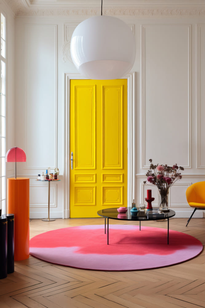 Des couleurs tendance 2026 dans un grand salon avec des moulures et du parquet chevron, une porte jaune et un tapis fuchsia.