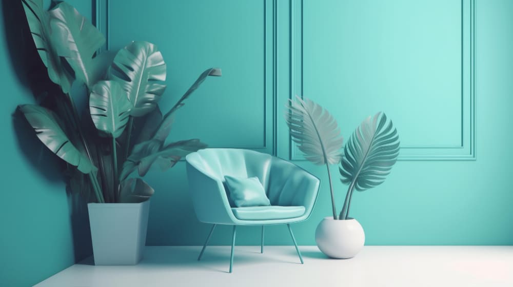 Des couleurs tendance 2026 dans le salon : ambiance vert sarcelle avec de grands végétaux exotiques et un fauteuil scandinave
