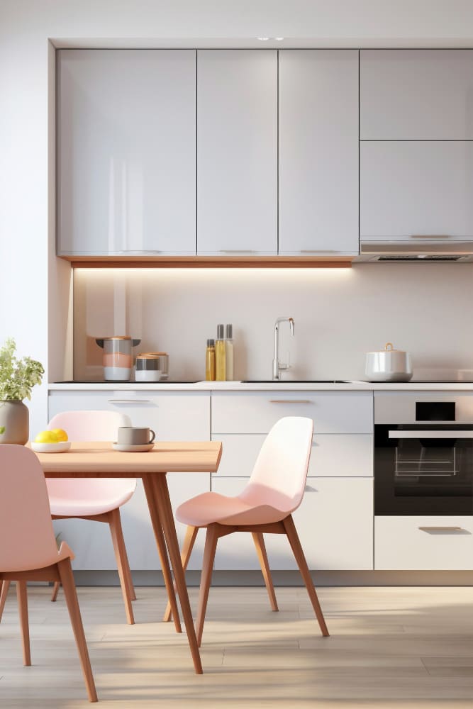 une cuisine moderne de style scandinave épuré, avec des chaises et une table au premier plan, et des placards hauts et bas derrière