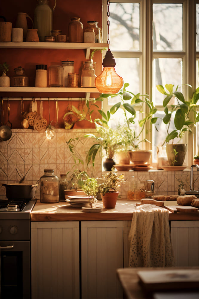 déco d'une cuisine authentique et rustiques, avec beaucoup de plantes, des étagères en bois et un mur terracotta