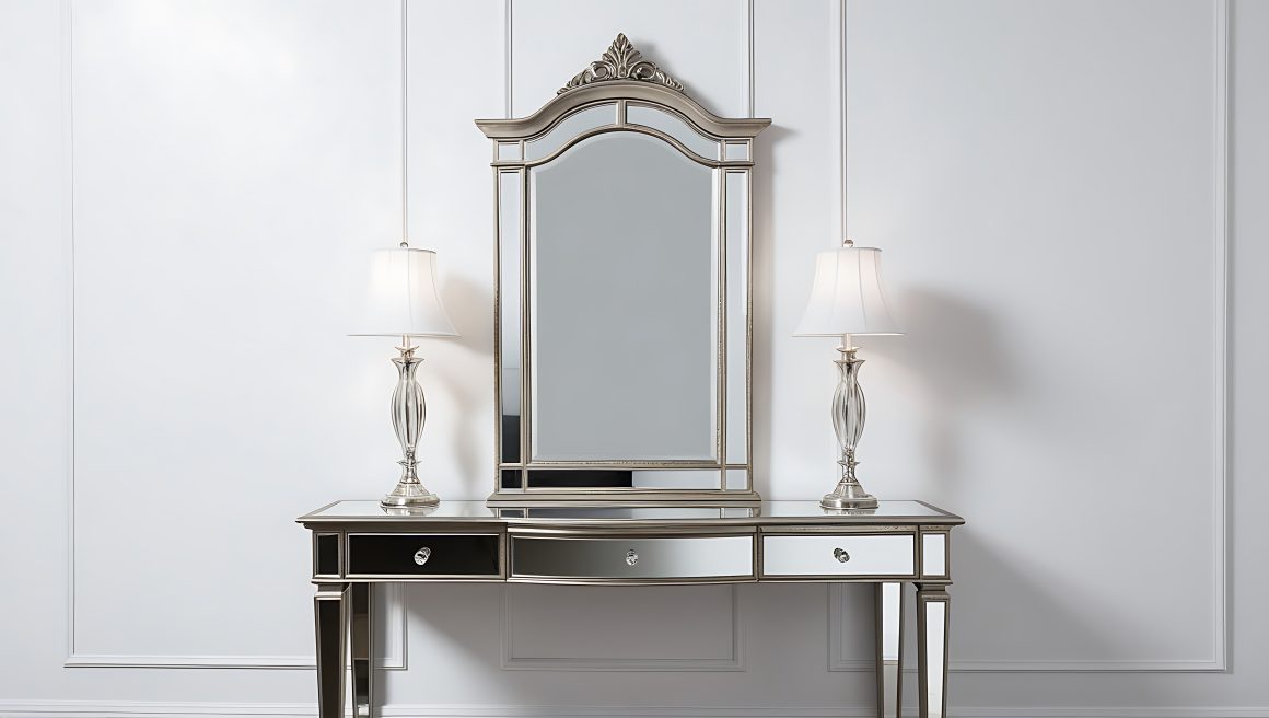 Miroir style vintage placé au-dessus d’une console également couverte de miroirs, apportant beaucoup de caractère à votre intérieur.