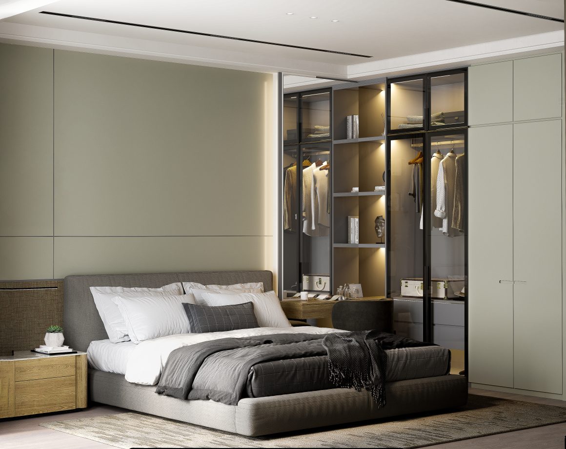 Chambre moderne et épurée avec lit gris, dressing vitré et illuminé et tapis.