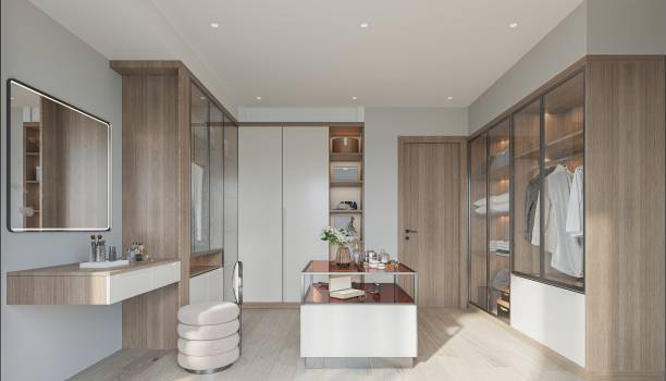 Dressing moderne en bois avec miroirs, éclairage encastré, rangements vitrés et siège rembourré.