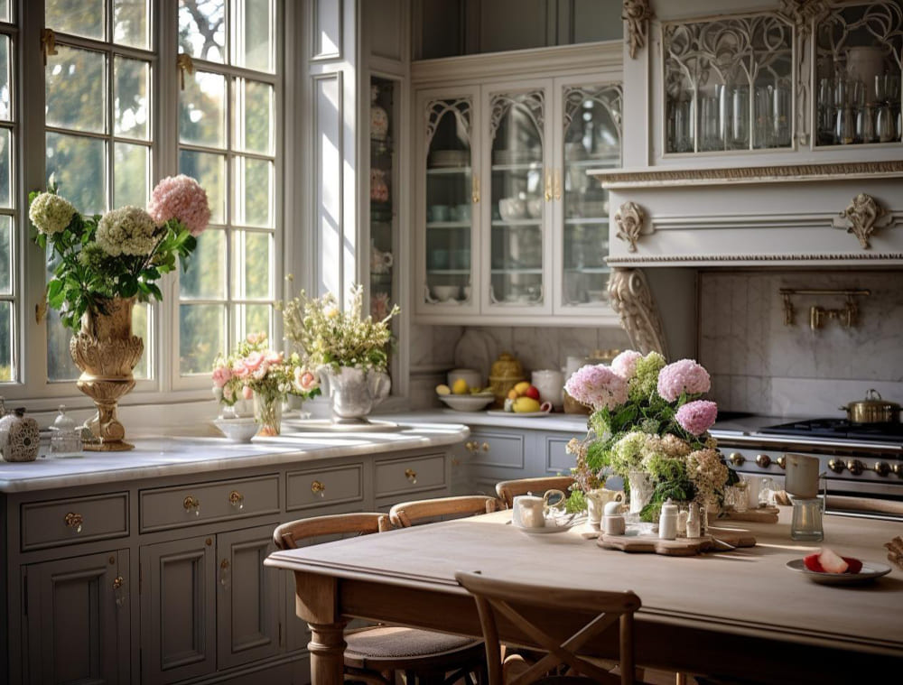 une grande cuisine de style ancien rénové, avec une grande fenêtre avec petits carreaux et des vitres sur les façades des placards