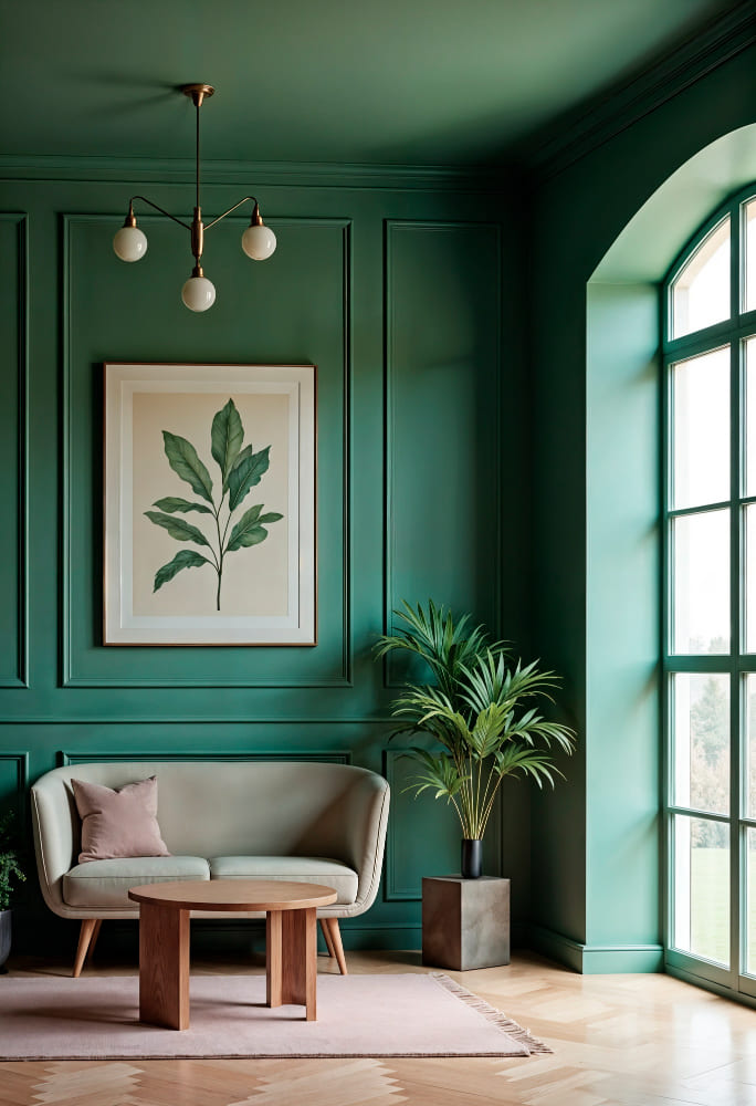 Une grande pièce lumineuse avec un parquet, un canapé beige et des murs vert sarcelle