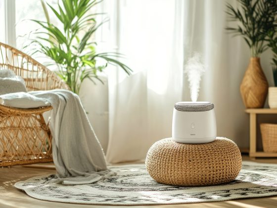 Intérieur maison zen avec meubles en rotin, tapis et plantes vertes.