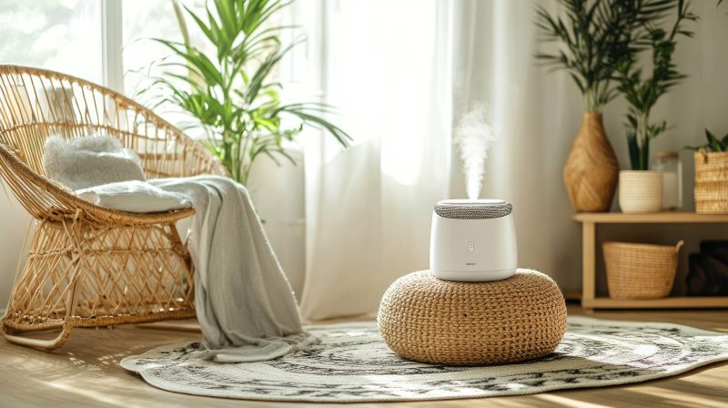 Intérieur maison zen avec meubles en rotin, tapis et plantes vertes.