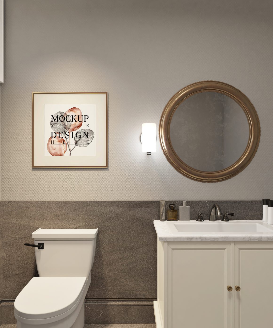 Salle de bain élégante avec toilettes blanches, lavabo en marbre, miroir rond doré, mur beige, lampe murale et cadre décoratif.