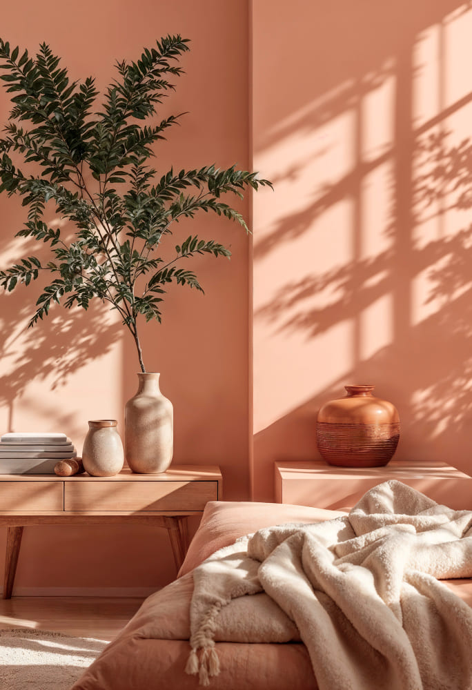 un mur aux tons chauds avec une déco dans les tons nude, et un plaid au premier plan