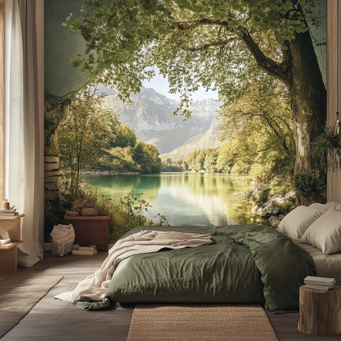 Chambre chaleureuse incluant grande fresque murale lac et montagnes, lumière douce et meubles en bois
