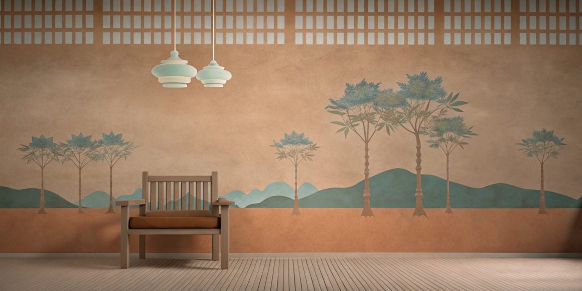 Intérieur minimaliste incluant banc en bois, lampes suspendues et mur avec papier peint