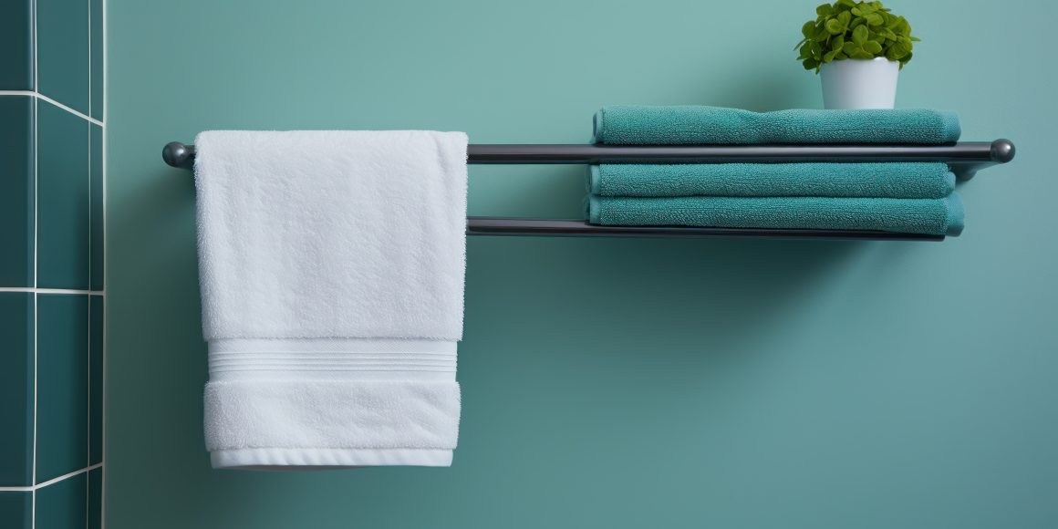 Serviette blanche suspendue avec des serviettes turquoises pliées et une plante verte décorative.