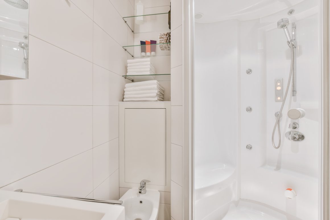 Aménagement petite salle de bain 4m2 avec étagères vitrées, rangement encastré, bidet et douche