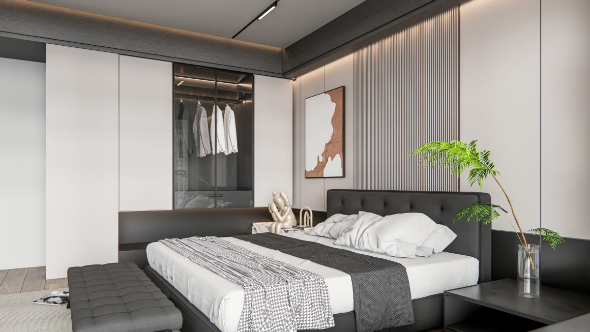 Grand lit noir avec banc capitonné, armoire vitrée, et plante verte dans une chambre au style feng shui