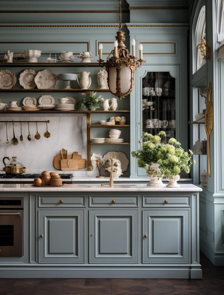 tendance cuisine 2026 avec une couleur bleu gris, des meubles anciens repeints et des ustensiles mis en valeur sur les étagères