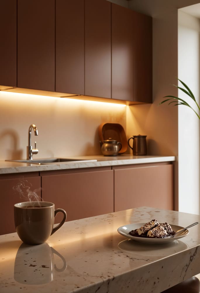 la tendance cuisine 2026 arbore des tons chauds, ici avec un plan de travail en marbre, et du terracotta sur les placards