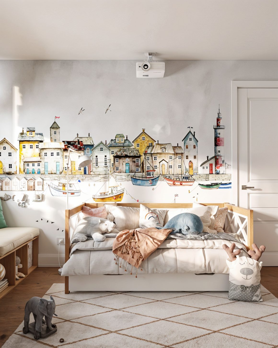 Chambre d'enfant avec mur incluant papier peint panoramique paysage pays, lit, tapis et jouets.