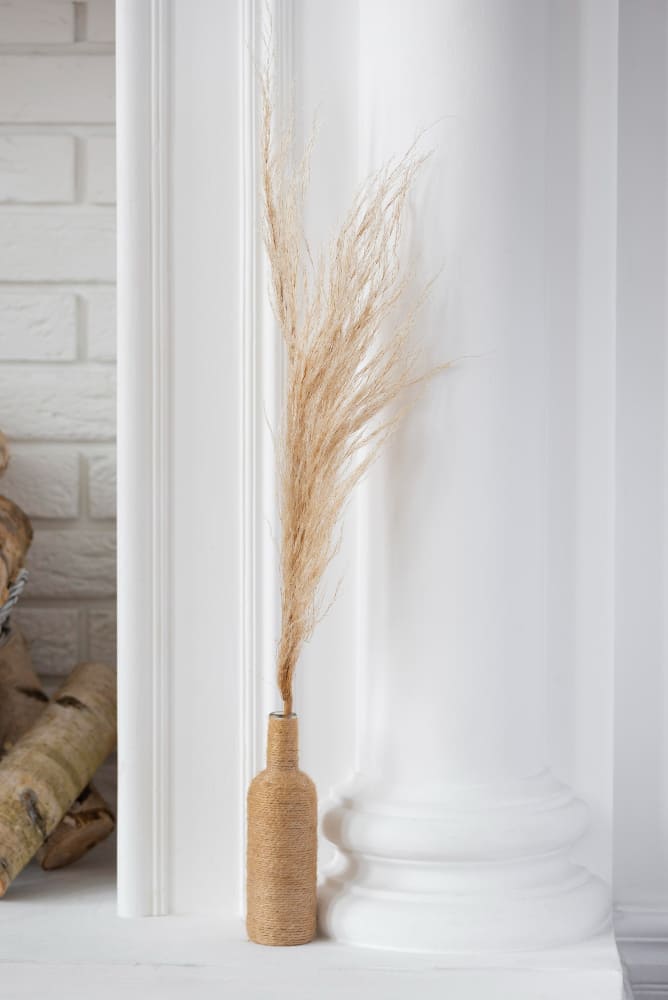 une plante séché dans un vase beige, devant une colonne d'un joli blanc cassé