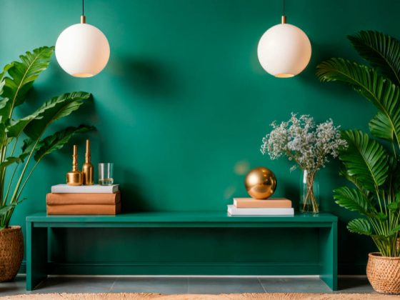 Le mur et le banc sont vert sarcelle, et il y a deux grosses lampes globes suspendues