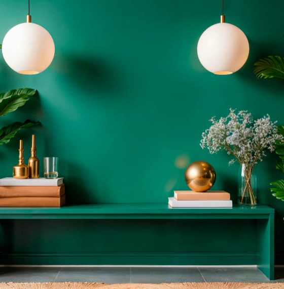 Le mur et le banc sont vert sarcelle, et il y a deux grosses lampes globes suspendues