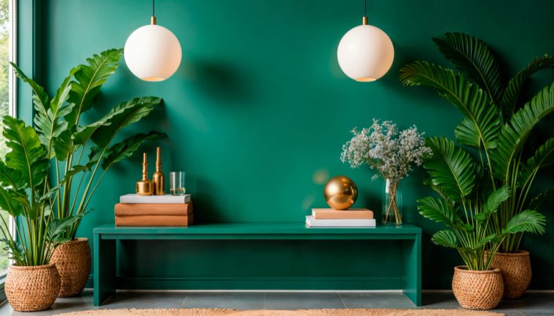 Le mur et le banc sont vert sarcelle, et il y a deux grosses lampes globes suspendues