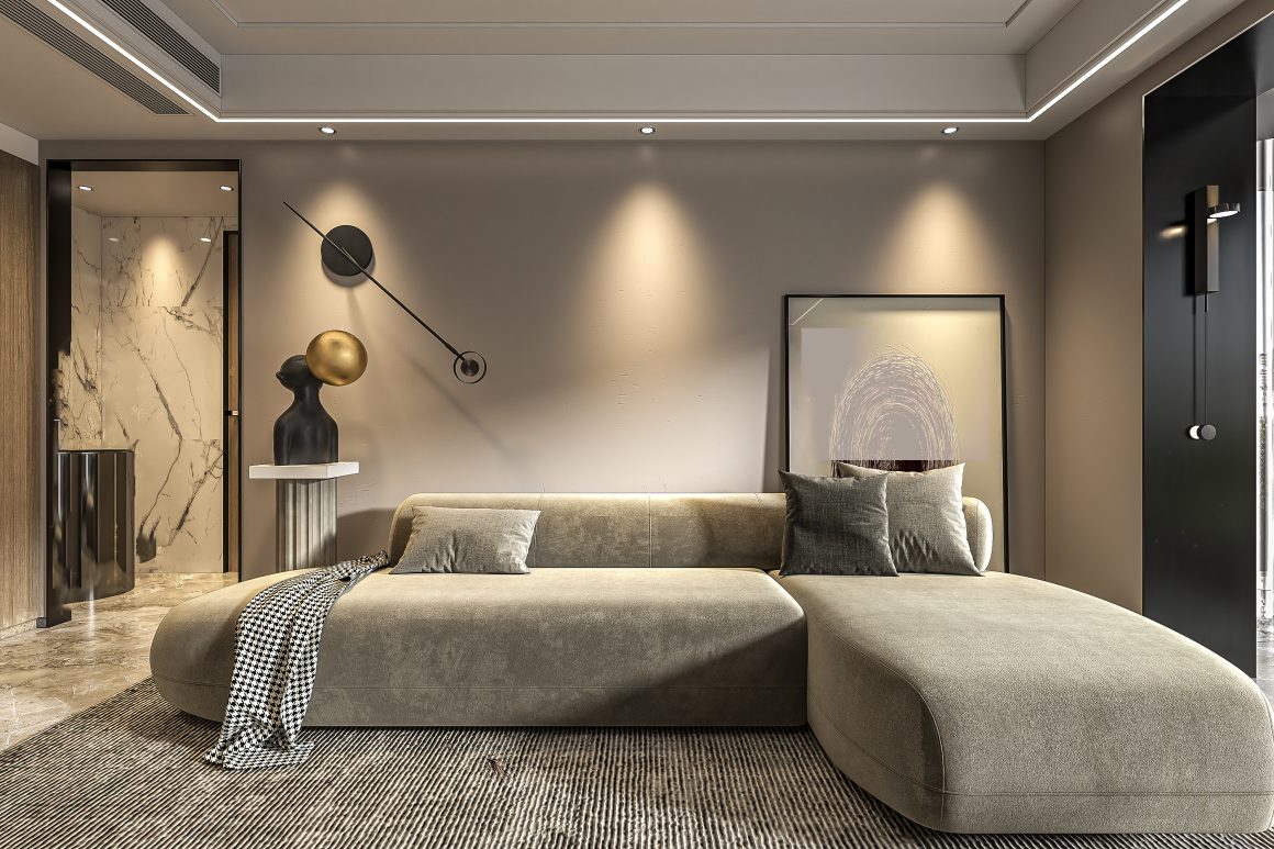 Luminaires encastrés pour éclairer un salon moderne et minimaliste, incluant canapé, œuvre murale et sculpture