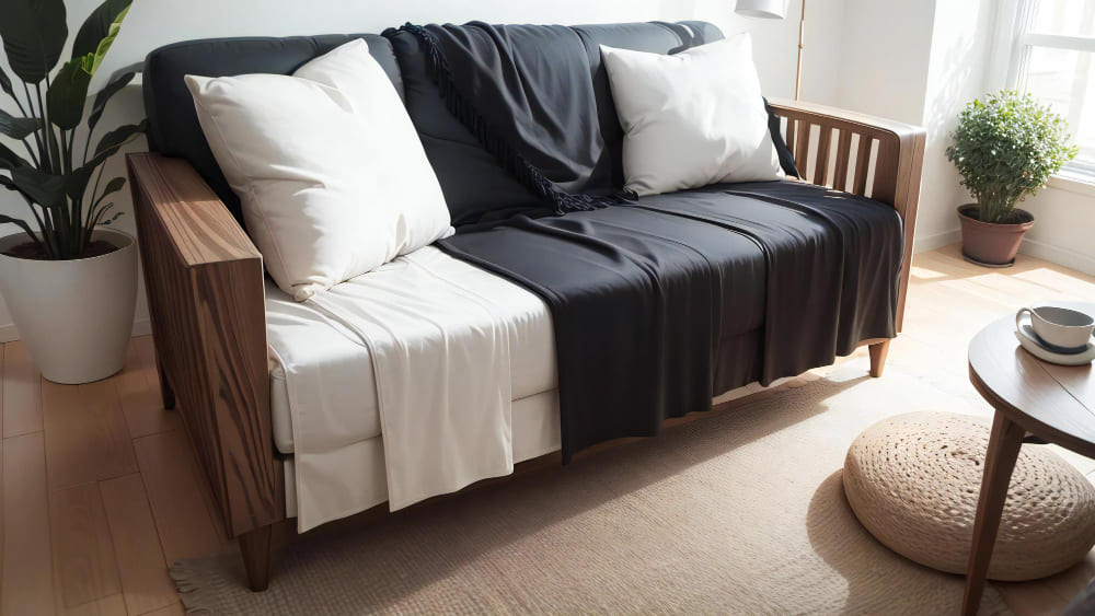 un canapé en bois qui sert aussi de lit, avec des coussins et un plaid unis dessus