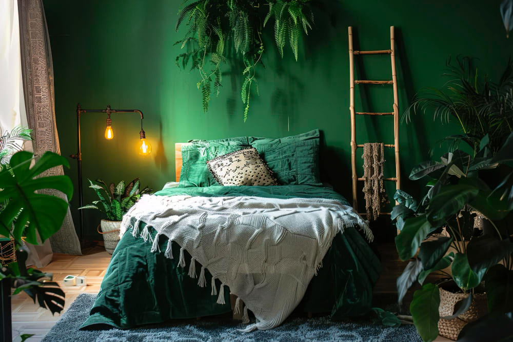 une chambre double de couleur vert forêt, sur les murs et les édredons, avec des plantes vertes dans toute la pièce