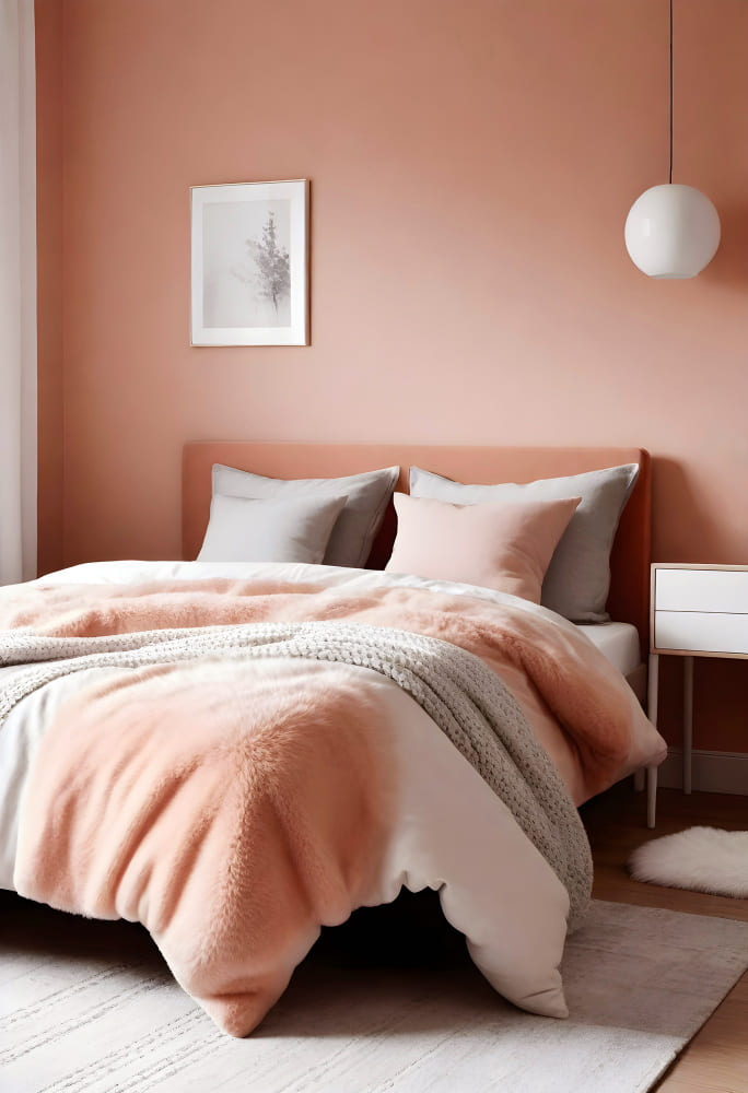 une chambre dans les tons rose avec un lit double, deux coussins gris et rose et une couette rose et blanche