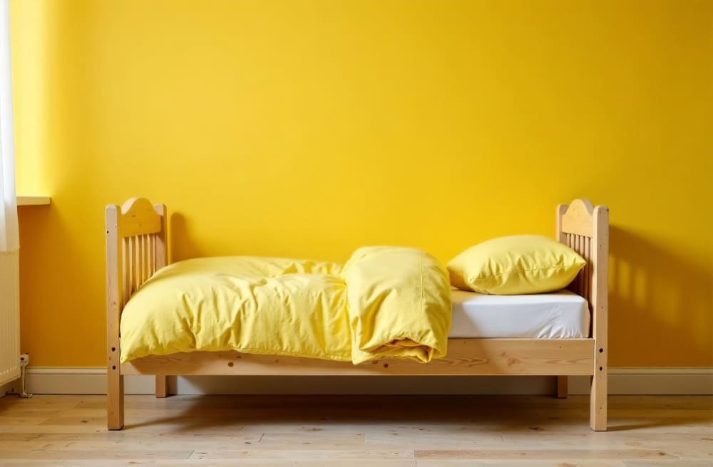 une chambre toute simple avec un mur jaune et de la literie jaune sur le lit en bois