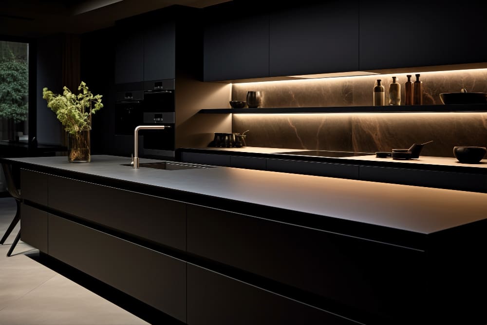 une cuisine moderne et simple avec un grand plan de travail et des lumières LED au-dessus de l'évier gris anthracite