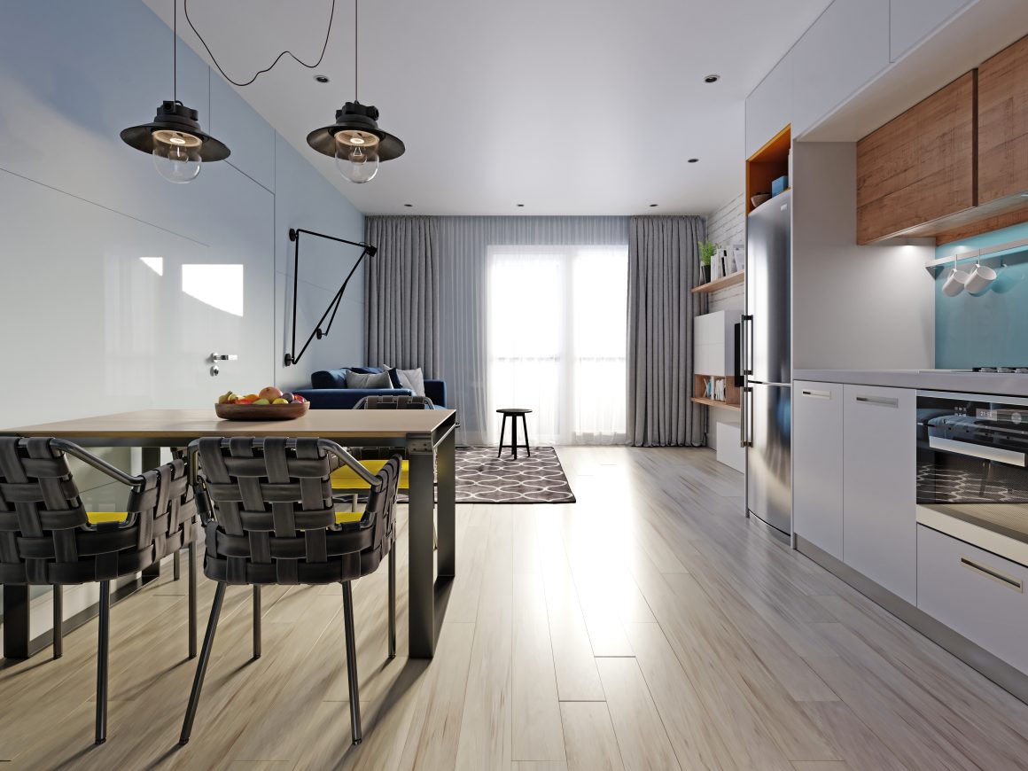 Aménagement cuisine salon salle à manger 40m2 avec mobilier minimaliste, suspensions et parquet clair
