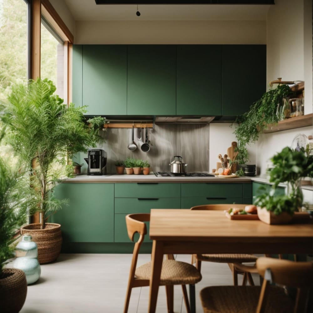 une cuisine très nature avec un vert doux et des meubles en bois naturel