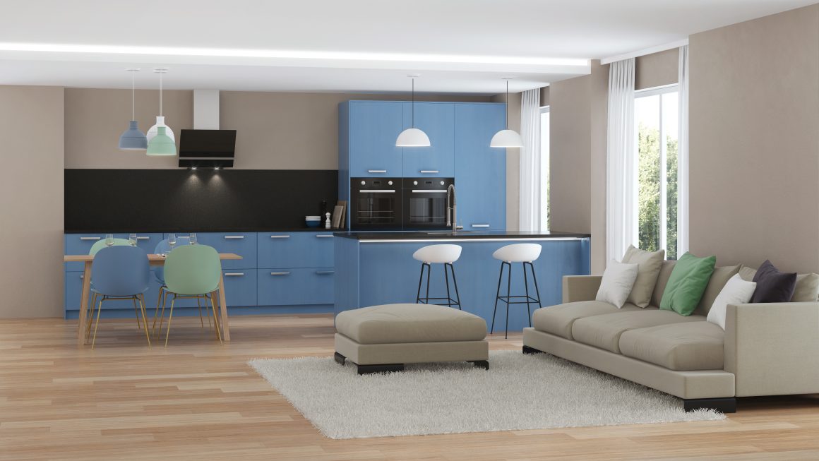 Cuisine ouverte moderne bleu pâle, salon cosy beige, avec îlot, table à manger en bois et chaises