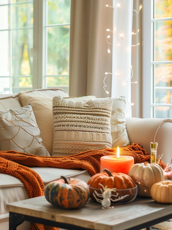 Un salon automnal cosy avec canapé crème, plaids orange, coussins variés et bougie allumée.
