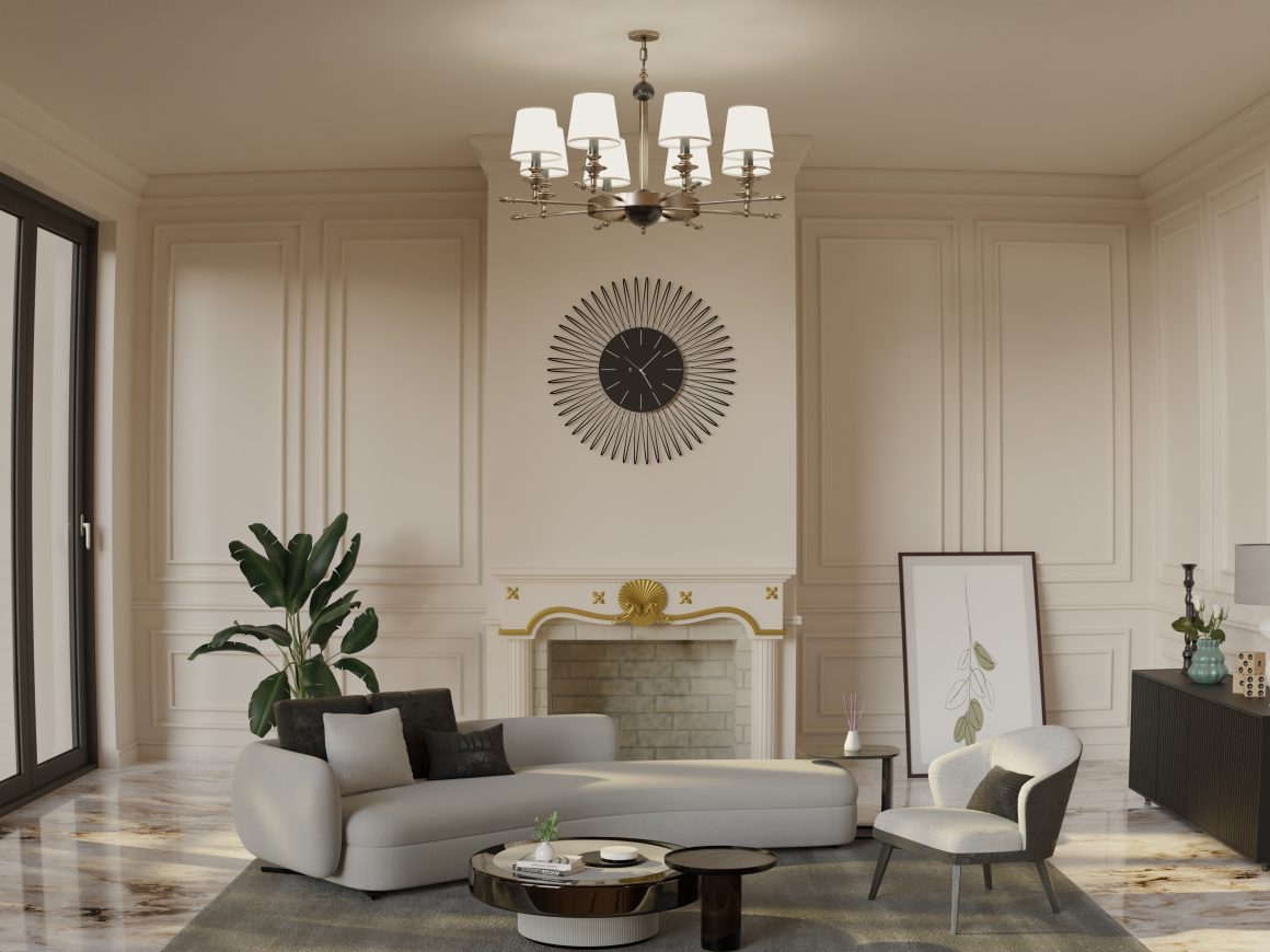 Un salon élégant et lumineux avec lustre, mobilier beige, grande horloge murale, plantes et table basse