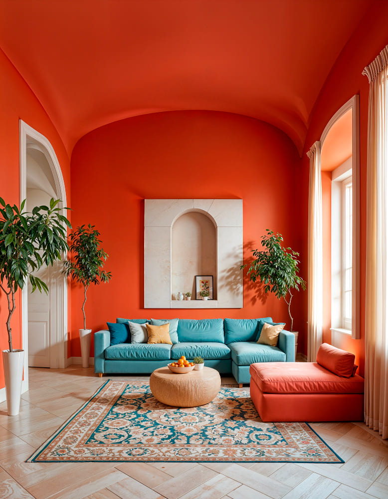 un grand salon lumineux terracotta avec le mur et le plafond orange, du parquet chevrons, un tapis au sol et un canapé bleu et orange