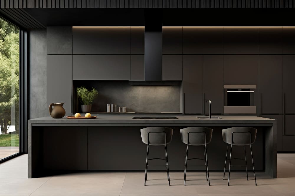 une grande cuisine minimaliste gris anthracite, avec de grandes fenêtres et du parquet au sol